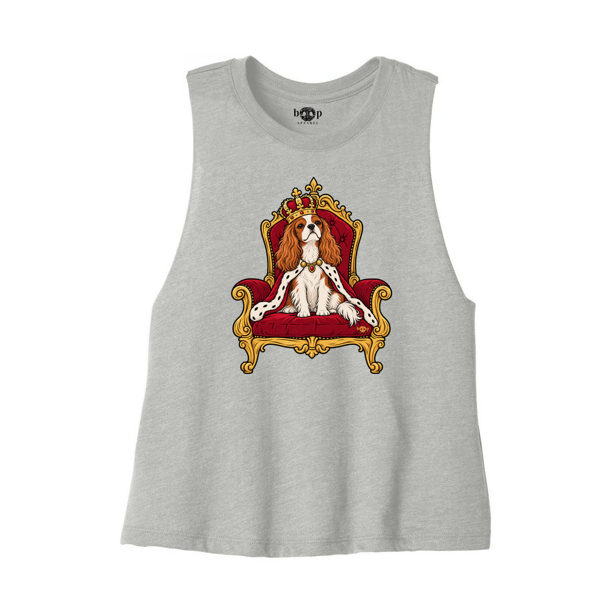 King Charles of the Cavaliers Bella+Canvas 6682 crop tank flatlay in Athletic Heather — front