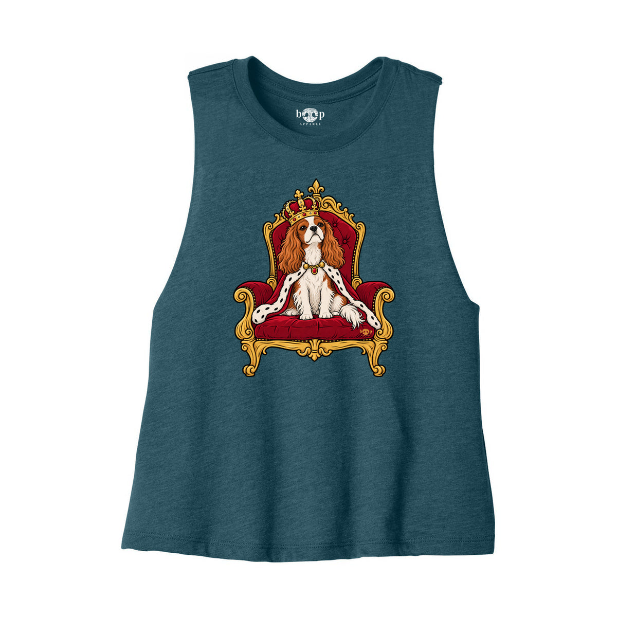 King Charles of the Cavaliers Bella+Canvas 6682 crop tank flatlay in Heather Deep Teal — front