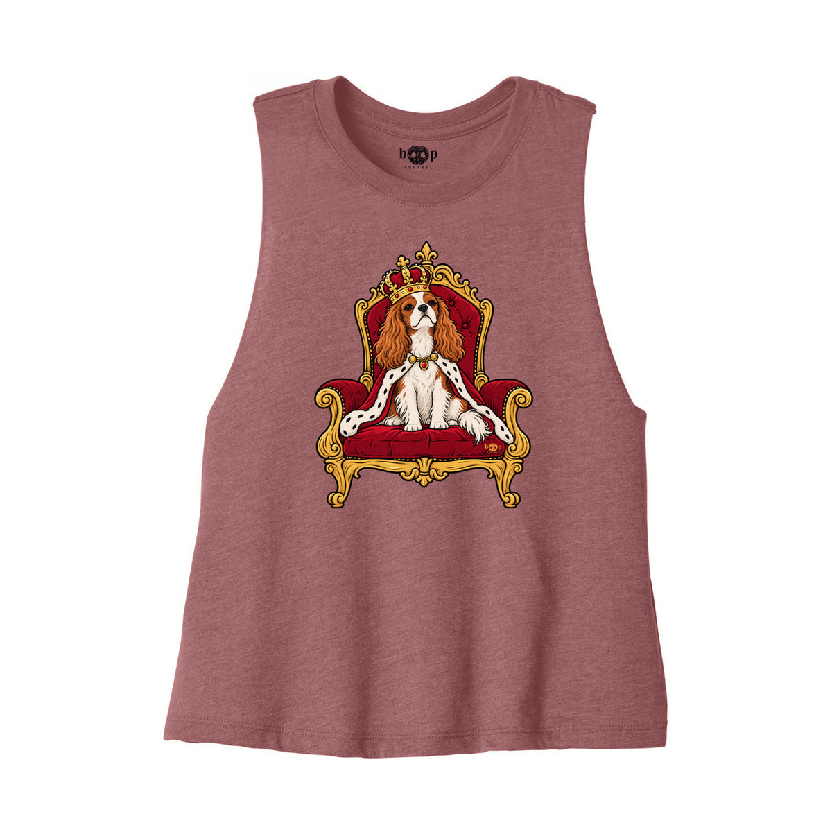 King Charles of the Cavaliers Bella+Canvas 6682 crop tank flatlay in Heather Mauve — front