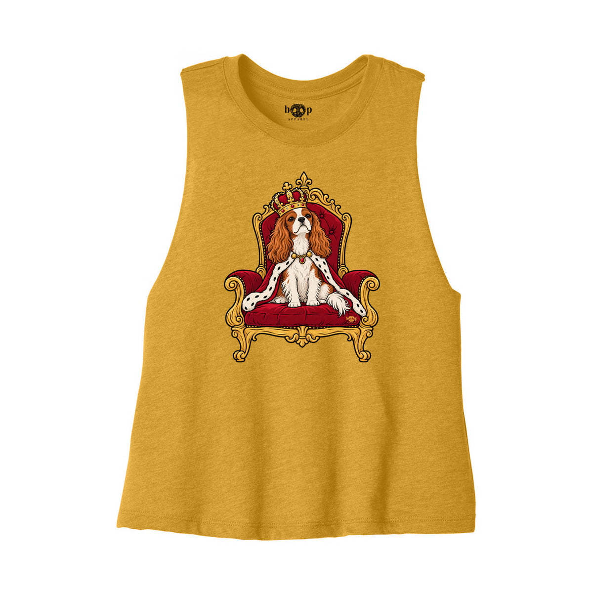 King Charles of the Cavaliers Bella+Canvas 6682 crop tank flatlay in Heather Mustard — front