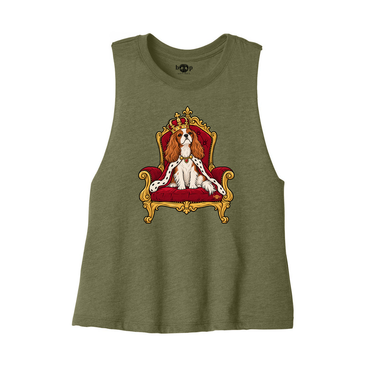 King Charles of the Cavaliers Bella+Canvas 6682 crop tank flatlay in Heather Olive — front