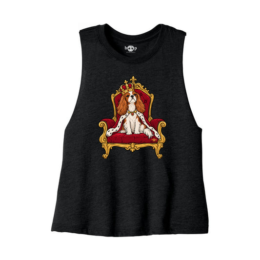 King Charles of the Cavaliers Bella+Canvas 6682 crop tank flatlay in Solid Black Blend — front