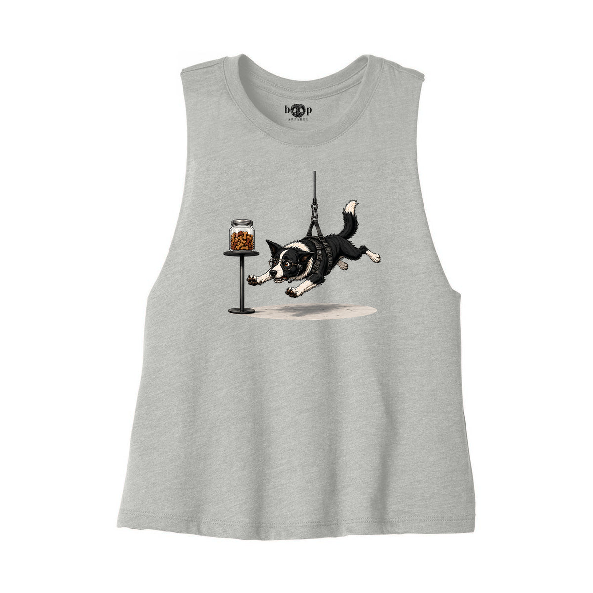Mission: Impawsible Bella+Canvas 6682 crop tank flatlay in Athletic Heather — front