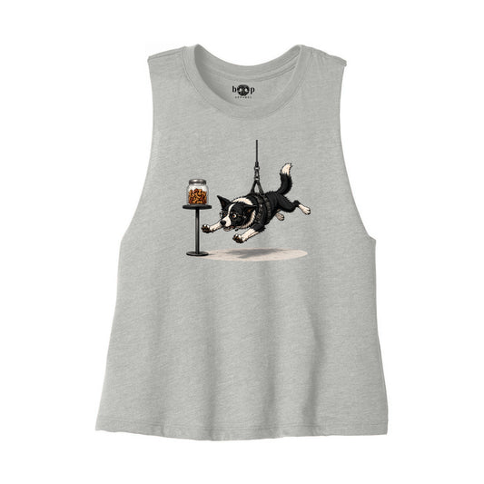 Mission: Impawsible Bella+Canvas 6682 crop tank flatlay in Athletic Heather — front