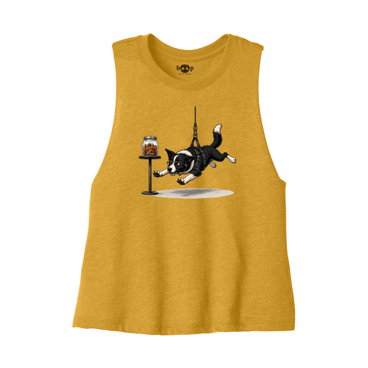 Mission: Impawsible Bella+Canvas 6682 crop tank flatlay in Heather Mustard — front