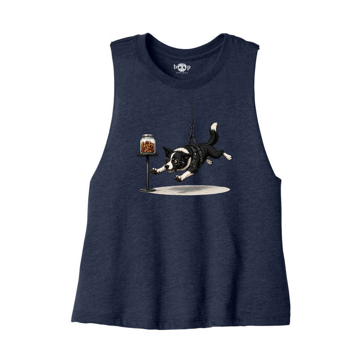 Mission: Impawsible Bella+Canvas 6682 crop tank flatlay in heather navy — front