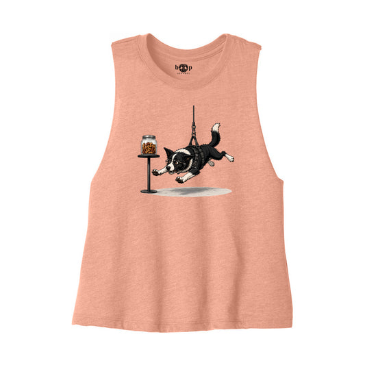 Mission: Impawsible Bella+Canvas 6682 crop tank flatlay in Heather Sunset — front
