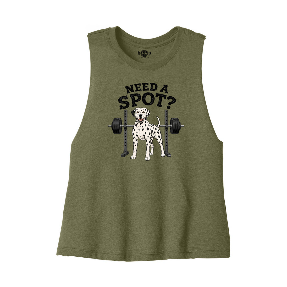 Need a Spot Bella+Canvas 6682 crop tank flatlay in Heather Olive — front