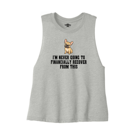 Never Financially Recover Bella+Canvas 6682 crop tank flatlay in Athletic Heather — front