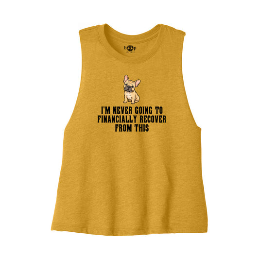 Never Financially Recover Bella+Canvas 6682 crop tank flatlay in Heather Mustard — front