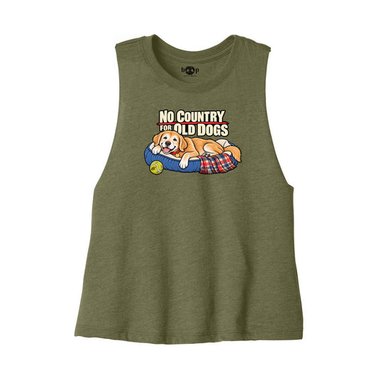 No Country for Old Dogs Bella+Canvas 6682 crop tank flatlay in Heather Olive — front