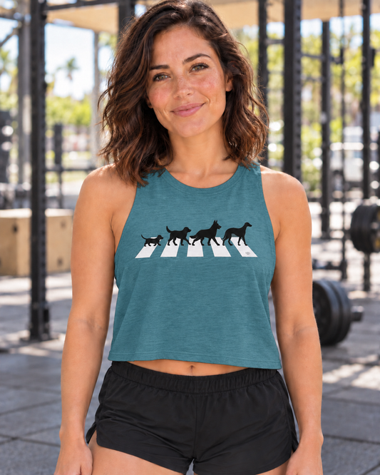 Boop Apparel All You Need Is Dogs crop tank in Heather Deep Teal, front view on Amy.