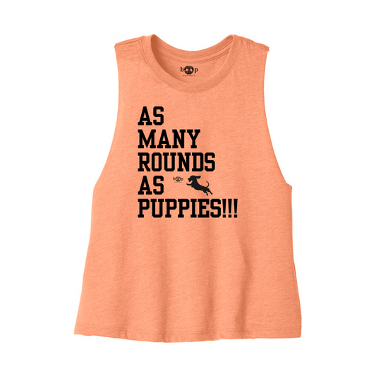 Boop Apparel AMRAPuppies crop tank in Heather Sunset, front flatlay with As Many Rounds As Puppies artwork and original Boop inside-neck label.
