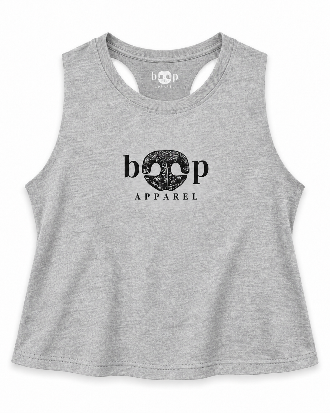 Boop Apparel Logo crop tank in Athletic Heather, front flatlay