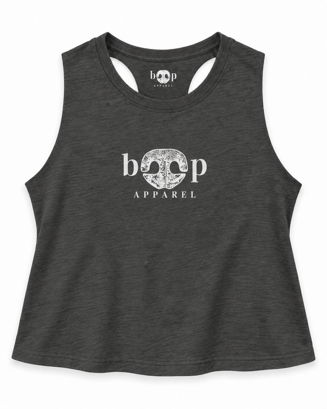 Boop Apparel Logo crop tank in Dark Grey Heather, front flatlay