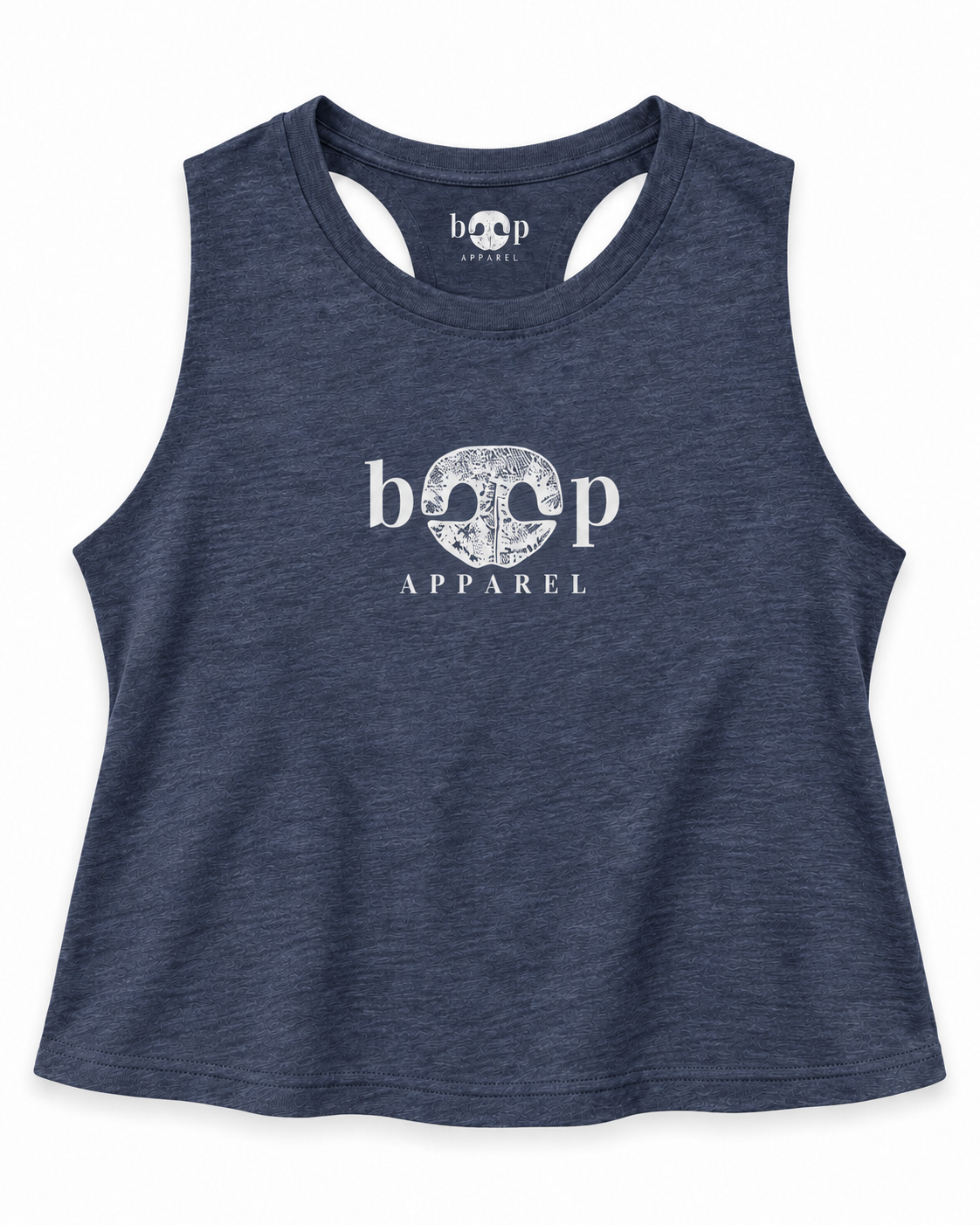 Boop Apparel Logo crop tank in heather navy, front flatlay