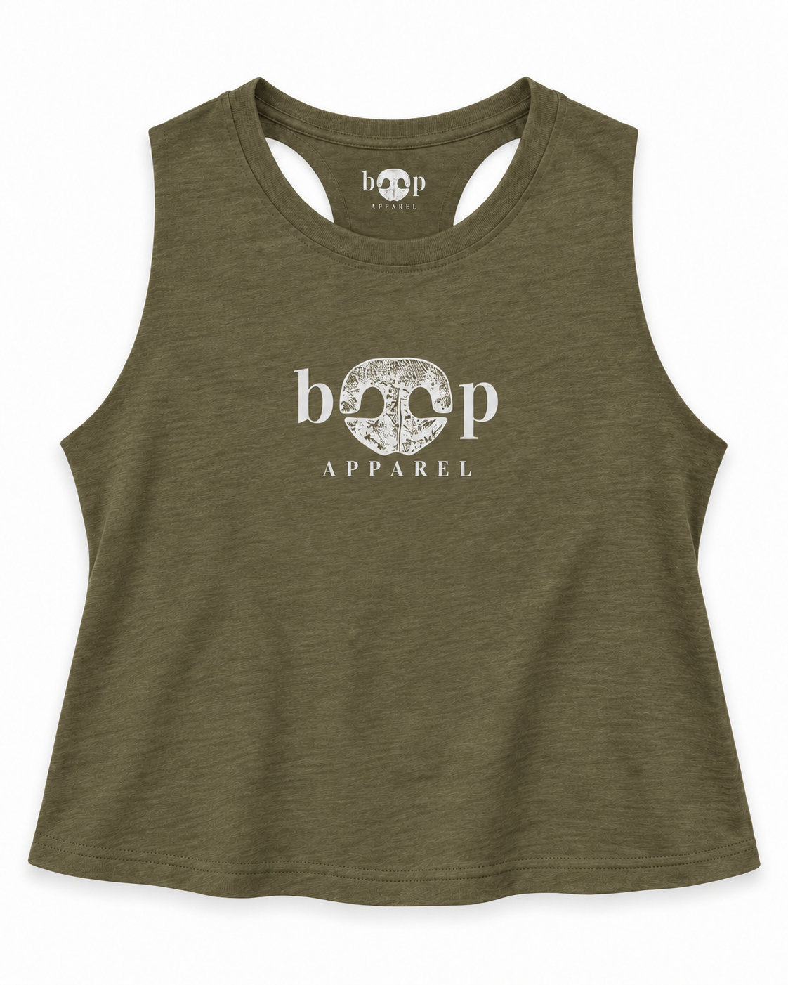 Boop Apparel Logo crop tank in Heather Olive, front flatlay
