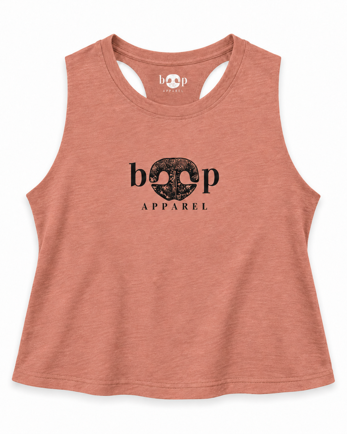 Boop Apparel Logo crop tank in Heather Sunset, front flatlay