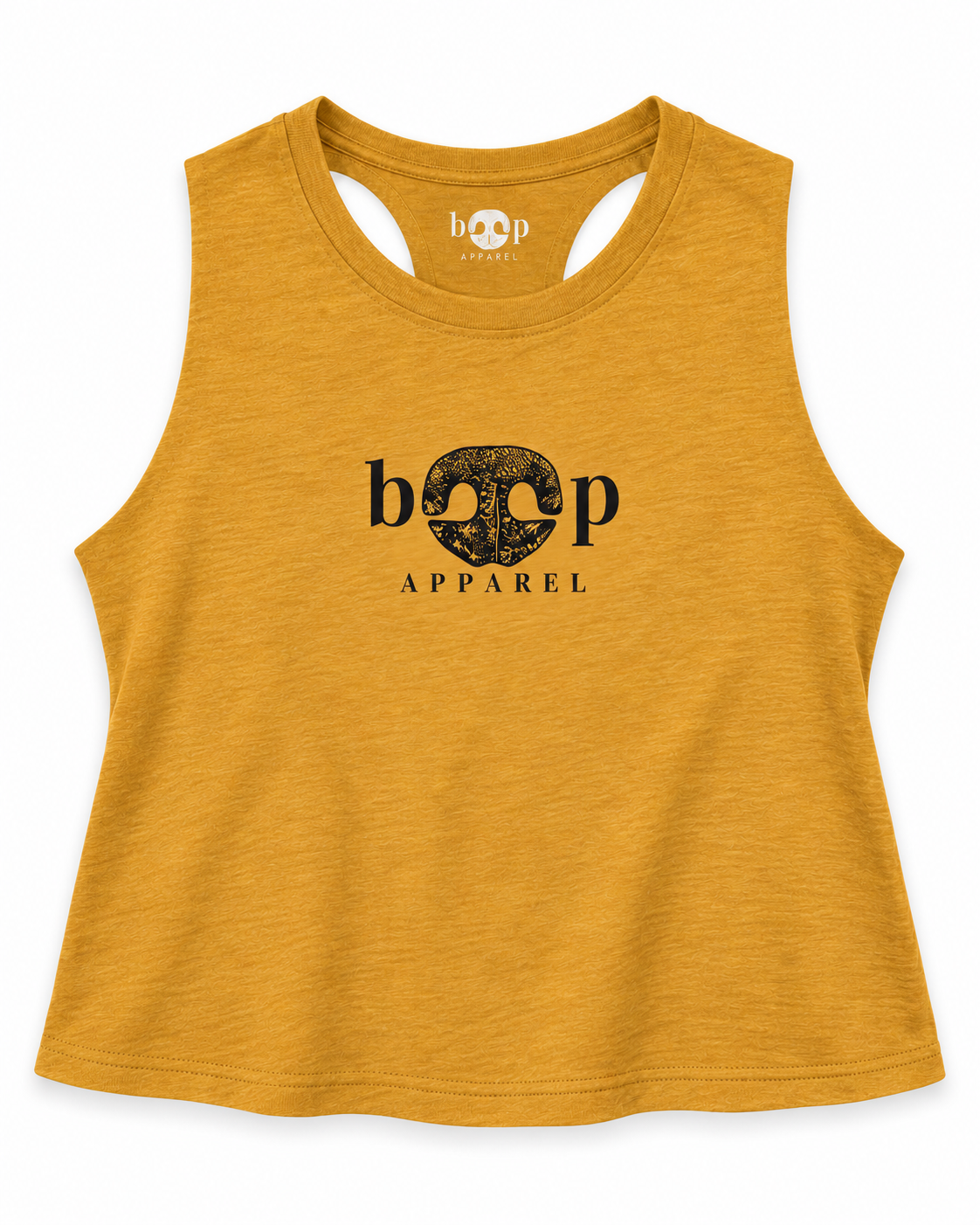 Boop Apparel Logo crop tank in Heather Mustard, front flatlay