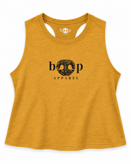 Boop Apparel Logo crop tank in Heather Mustard, front flatlay