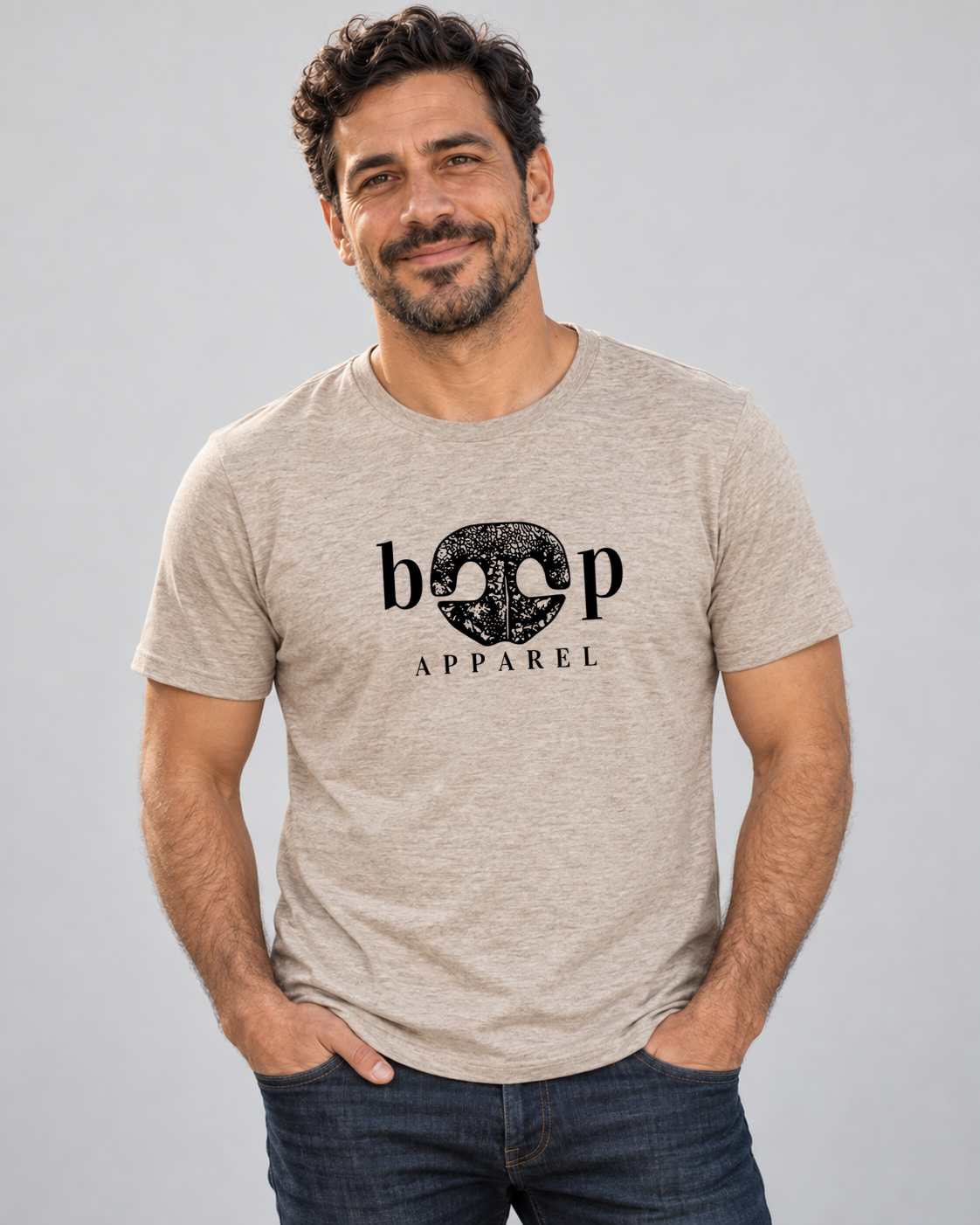 Dave wearing Boop Apparel Logo Everyday T in Heather Tan