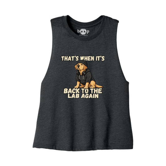 Boop Apparel Back to the Lab Again crop tank in Dark Grey Heather, front flatlay with Labrador in a hoodie and original Boop inside-neck label.