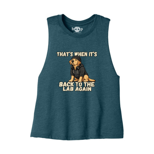 Boop Apparel Back to the Lab Again crop tank in Heather Deep Teal, front flatlay with Labrador in a hoodie and original Boop inside-neck label.