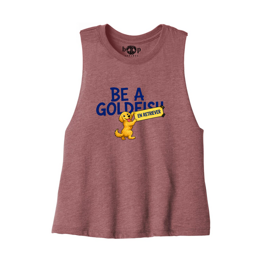 Be a Golden crop tank in Heather Mauve, front flatlay with original Boop inside-neck label