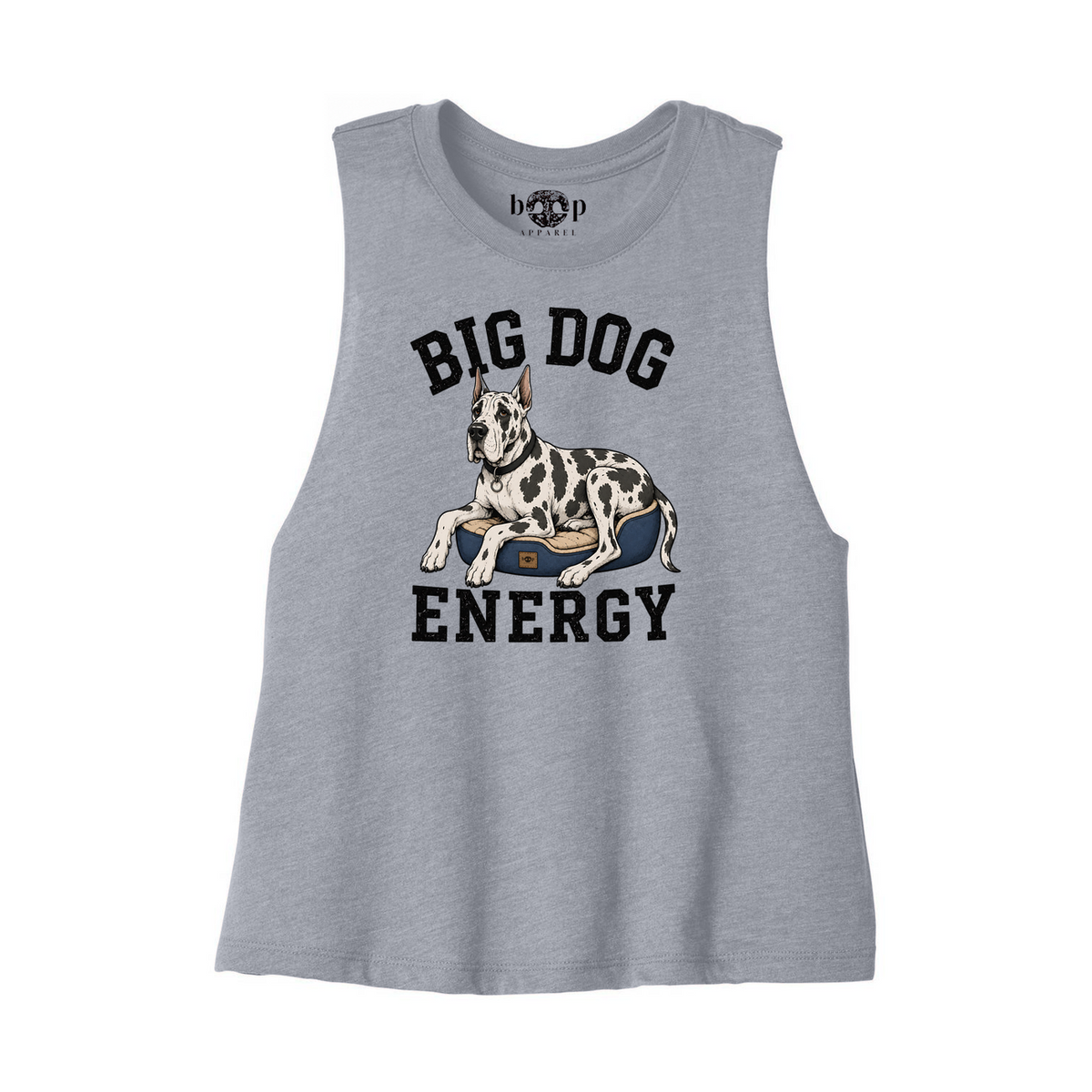 Big Dog Energy crop tank in Athletic Heather, front flatlay with original Boop inside-neck label