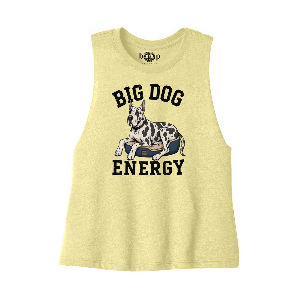 Big Dog Energy crop tank in Heather French Vanilla, front flatlay with original Boop inside-neck label