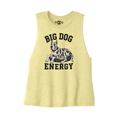 Big Dog Energy crop tank in Heather French Vanilla, front flatlay with original Boop inside-neck label
