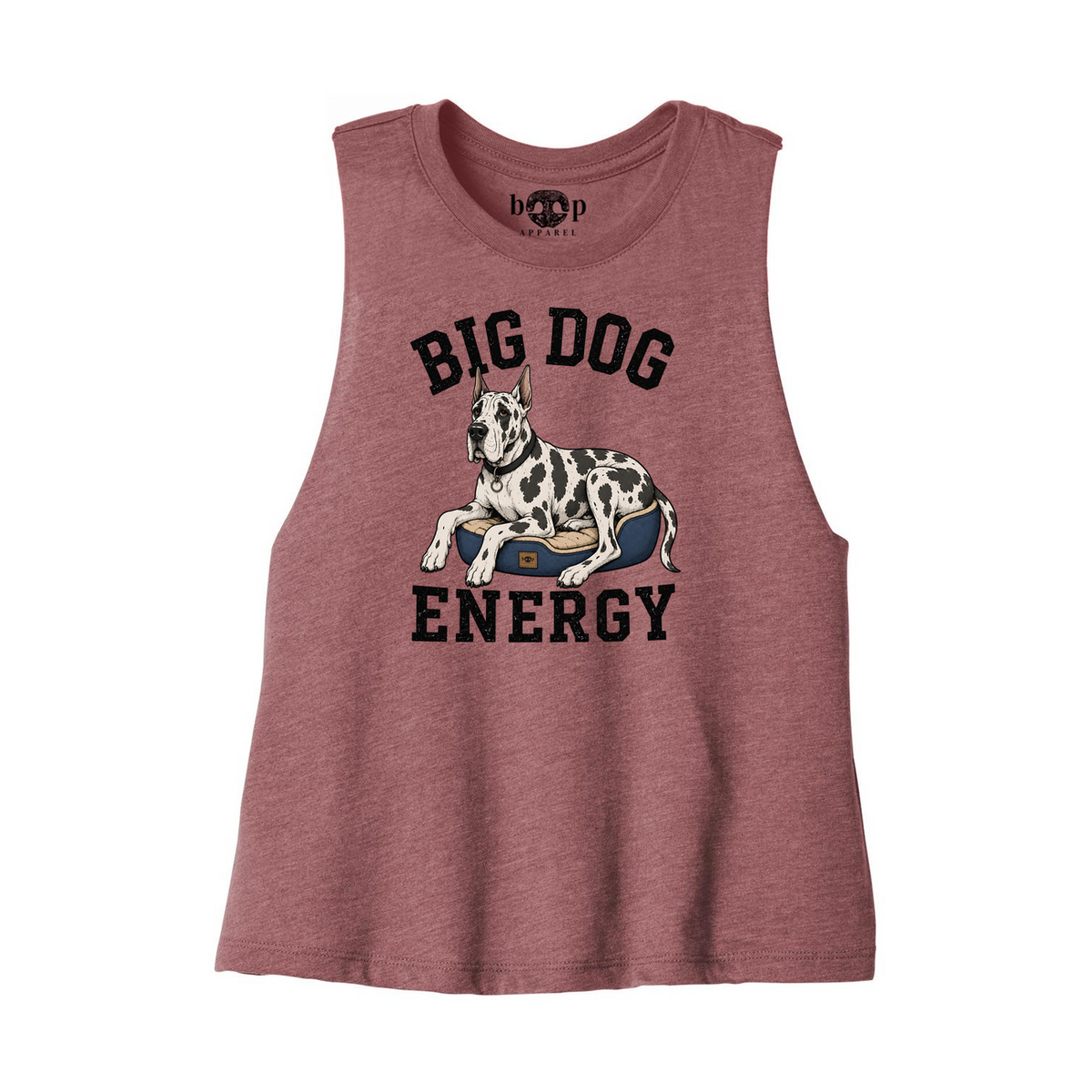 Big Dog Energy crop tank in Heather Mauve, front flatlay with original Boop inside-neck label