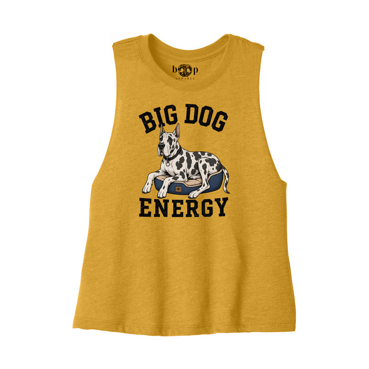 Big Dog Energy crop tank in Heather Mustard, front flatlay with original Boop inside-neck label