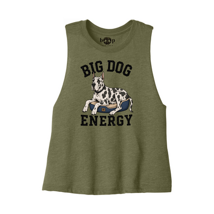 Big Dog Energy crop tank in Heather Olive, front flatlay with original Boop inside-neck label
