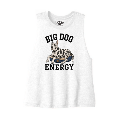 Big Dog Energy crop tank in Solid White Blend, front flatlay with original Boop inside-neck label