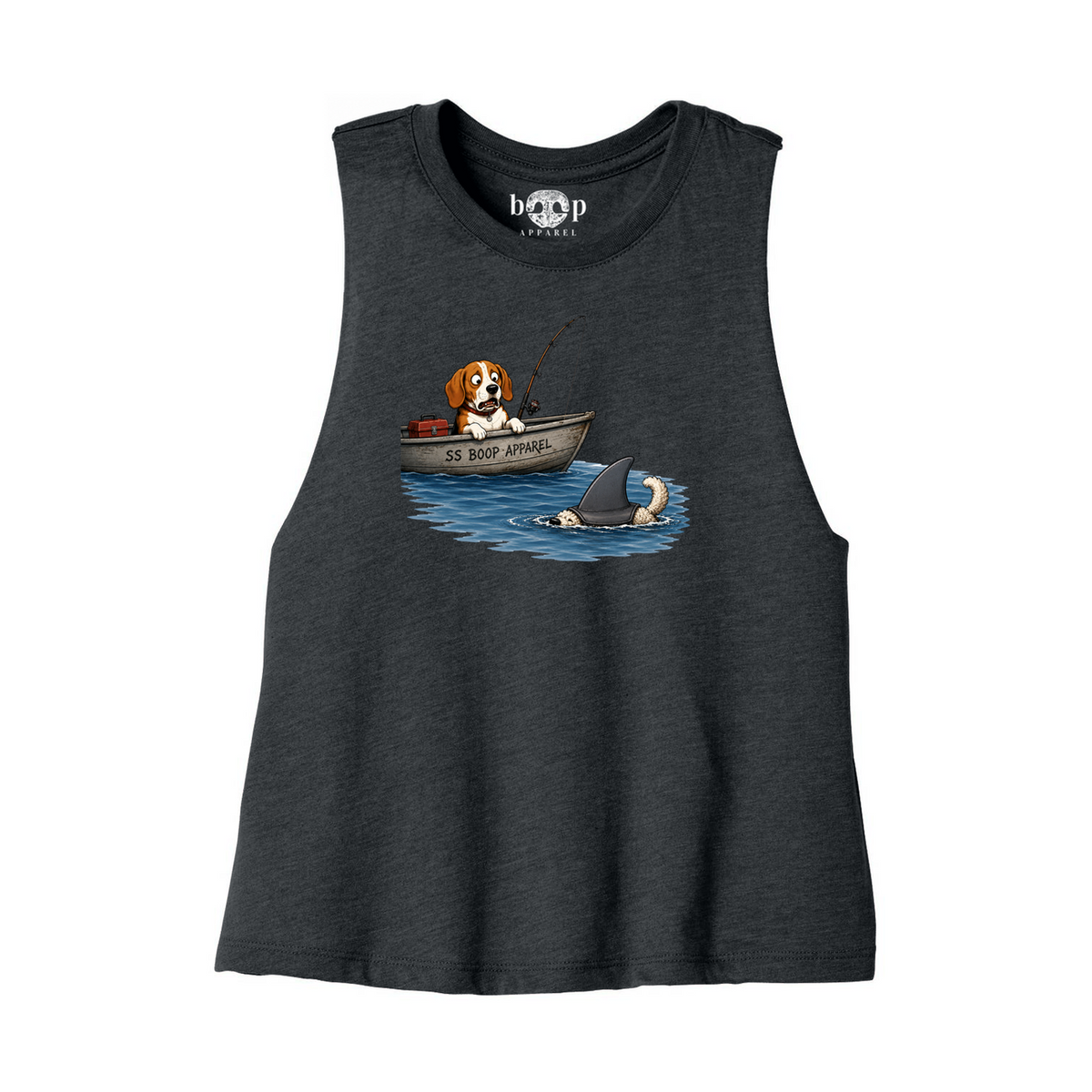 Bigger Boat crop tank in Dark Grey Heather, front flatlay with original Boop inside-neck label
