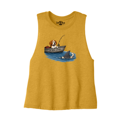 Bigger Boat crop tank in Heather Mustard, front flatlay with original Boop inside-neck label
