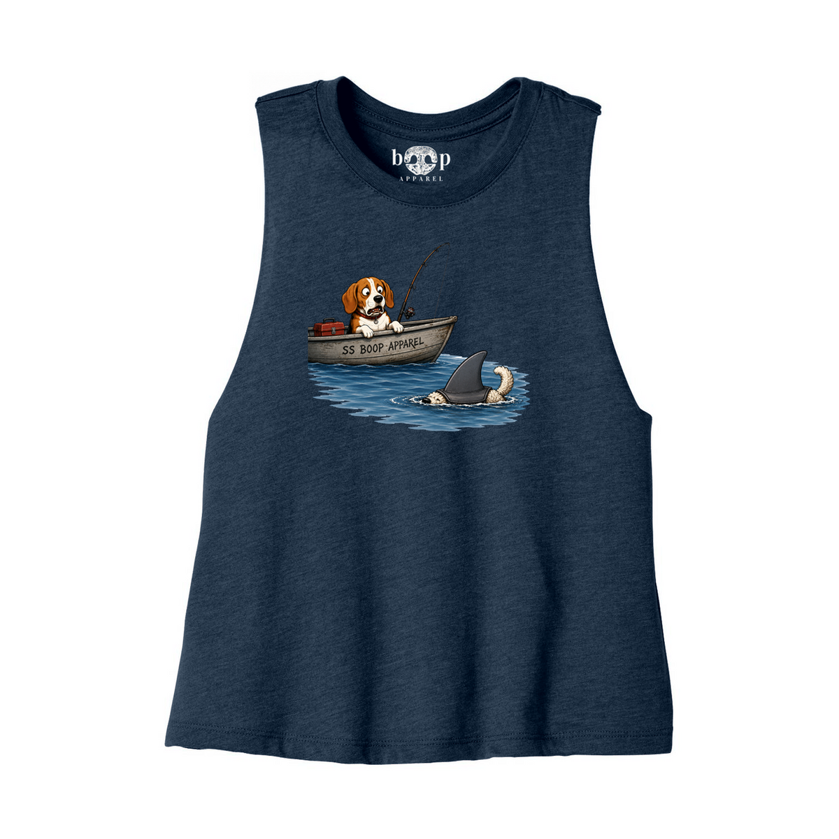Bigger Boat crop tank in heather navy, front flatlay with original Boop inside-neck label