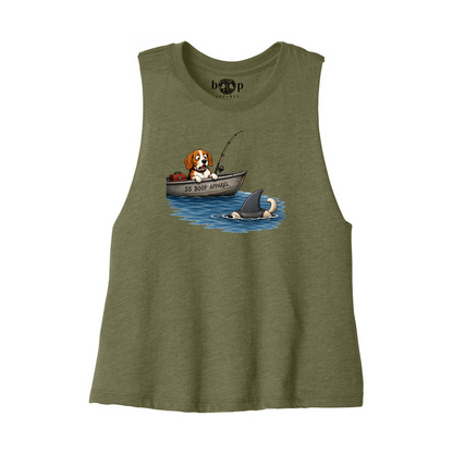 Bigger Boat crop tank in Heather Olive, front flatlay with original Boop inside-neck label