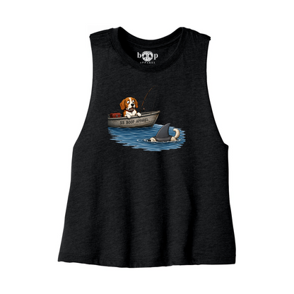 Bigger Boat crop tank in Solid Black Blend, front flatlay with original Boop inside-neck label