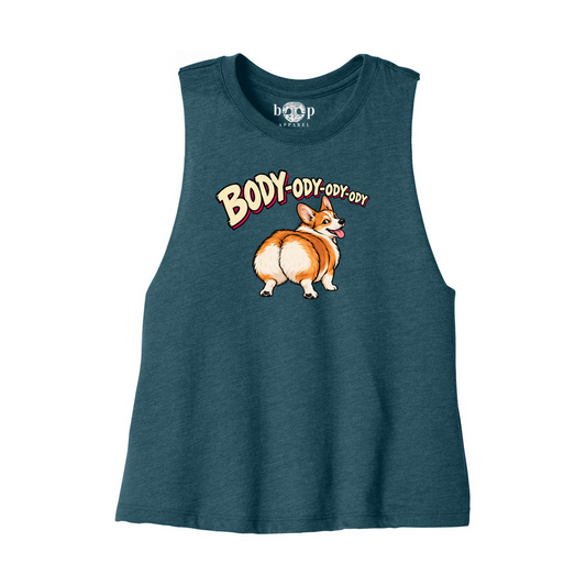 Body-ody crop tank in Heather Deep Teal, front flatlay with original Boop inside-neck label
