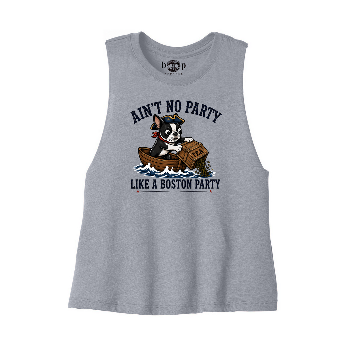 Boston Party Bella+Canvas 6682 crop tank in Athletic Heather, front flatlay