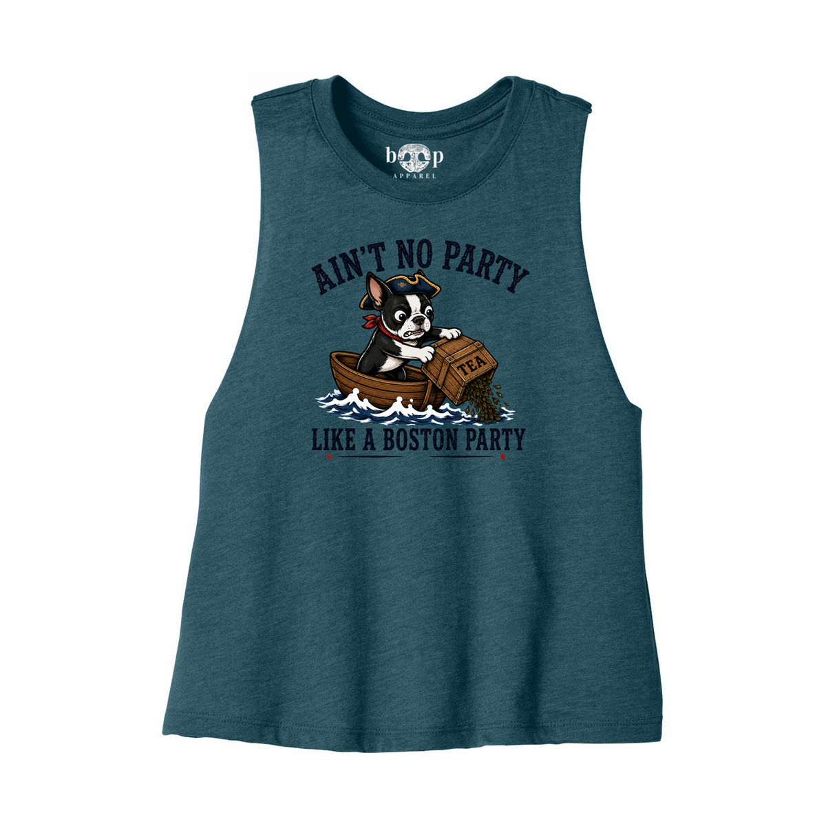 Boston Party Bella+Canvas 6682 crop tank in Heather Deep Teal, front flatlay