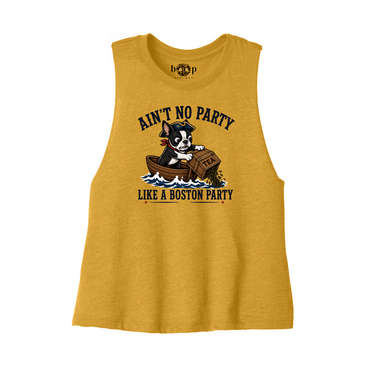 Boston Party Bella+Canvas 6682 crop tank in Heather Mustard, front flatlay
