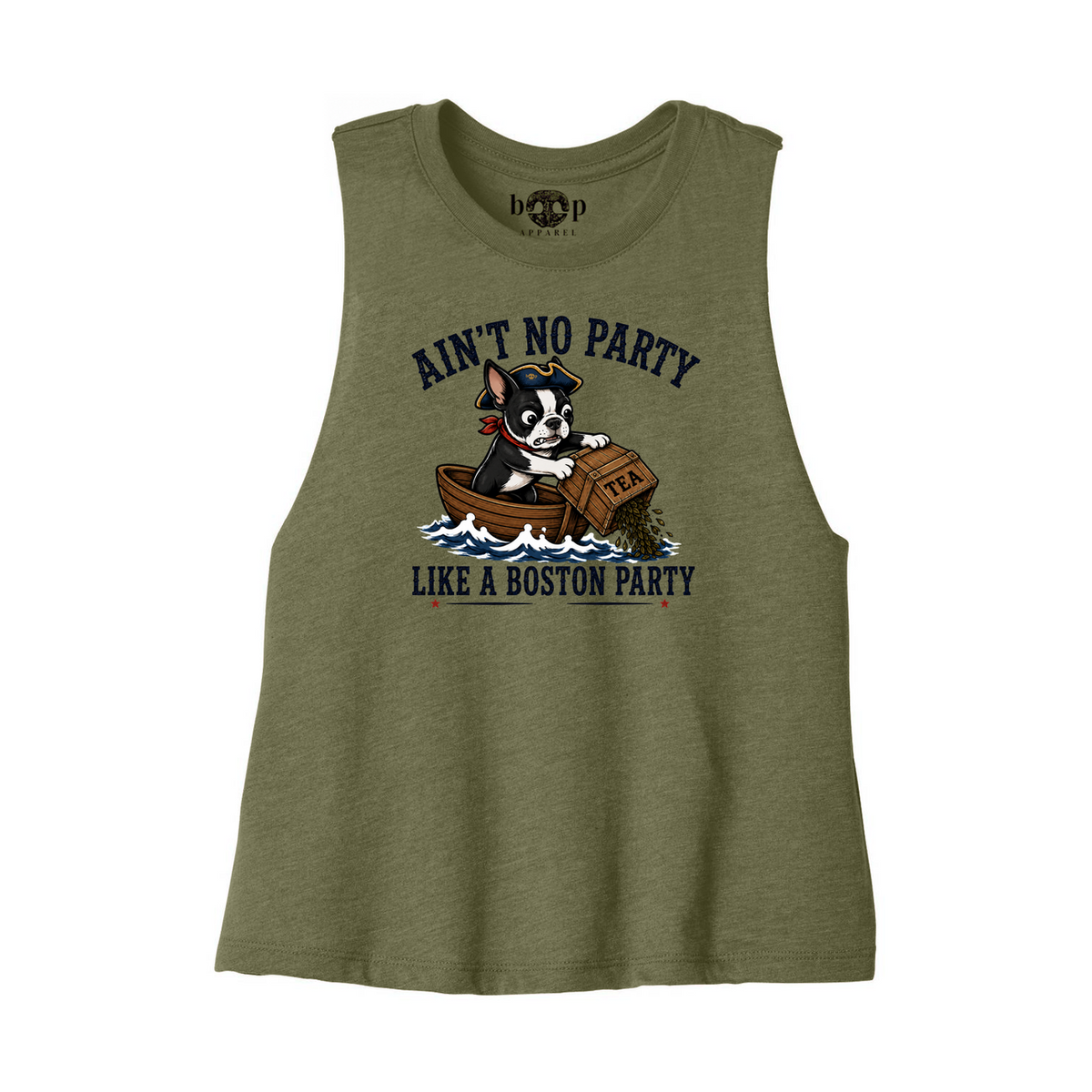 Boston Party Bella+Canvas 6682 crop tank in Heather Olive, front flatlay