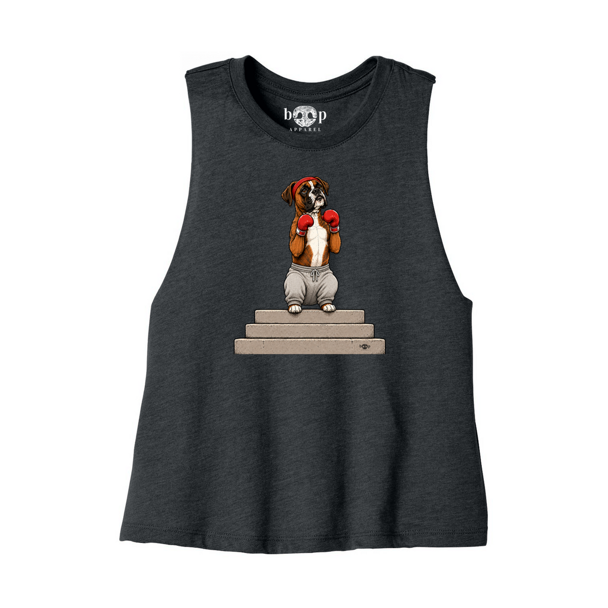 Boxer Bella+Canvas 6682 crop tank in Dark Grey Heather, front flatlay