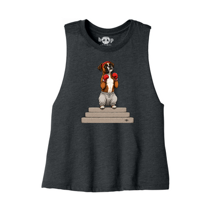 Boxer Bella+Canvas 6682 crop tank in Dark Grey Heather, front flatlay