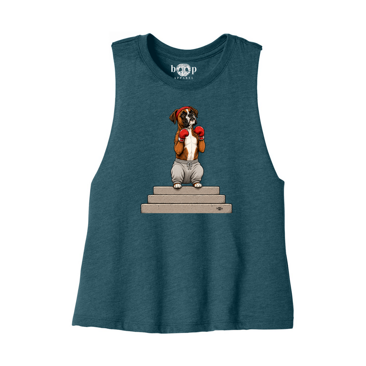 Boxer Bella+Canvas 6682 crop tank in Heather Deep Teal, front flatlay