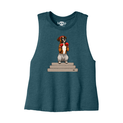 Boxer Bella+Canvas 6682 crop tank in Heather Deep Teal, front flatlay