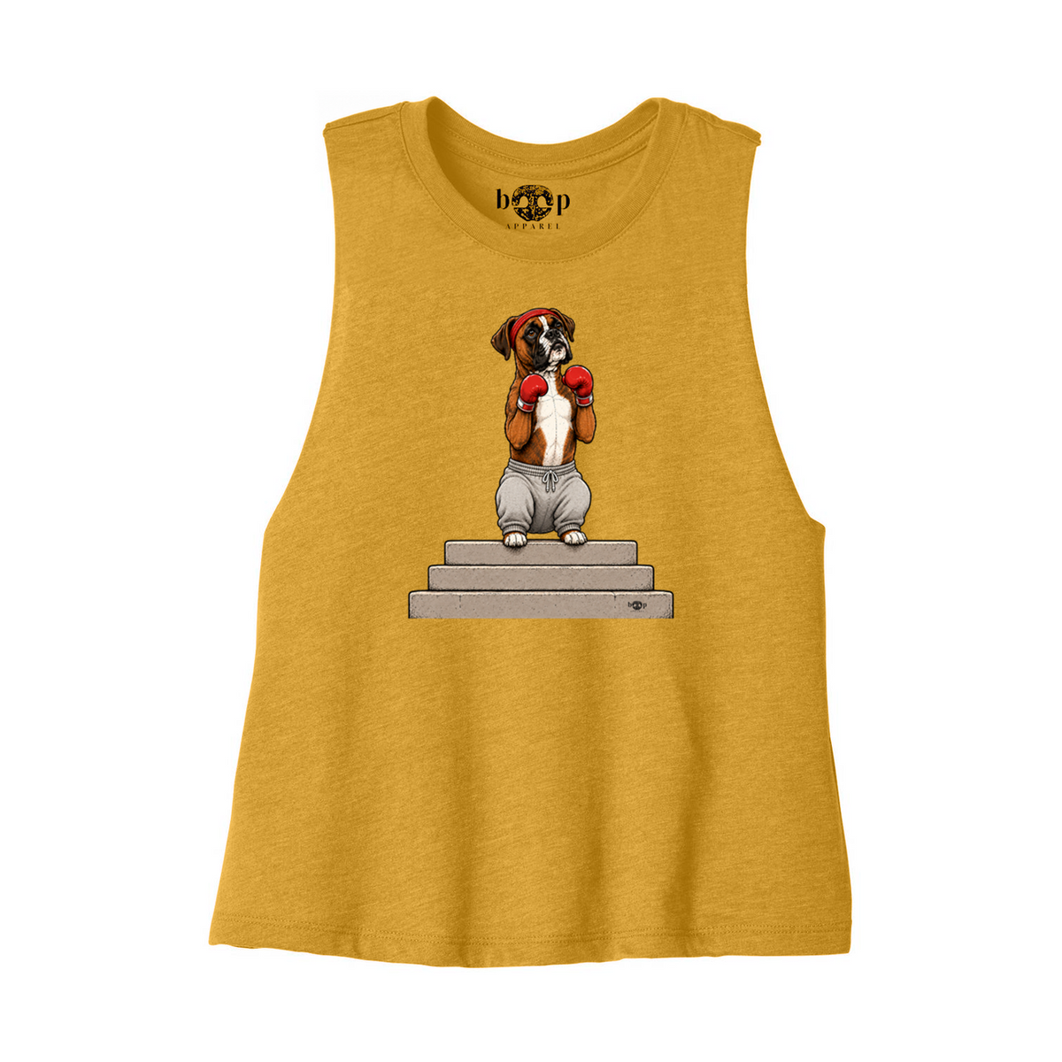 Boxer Bella+Canvas 6682 crop tank in Heather Mustard, front flatlay